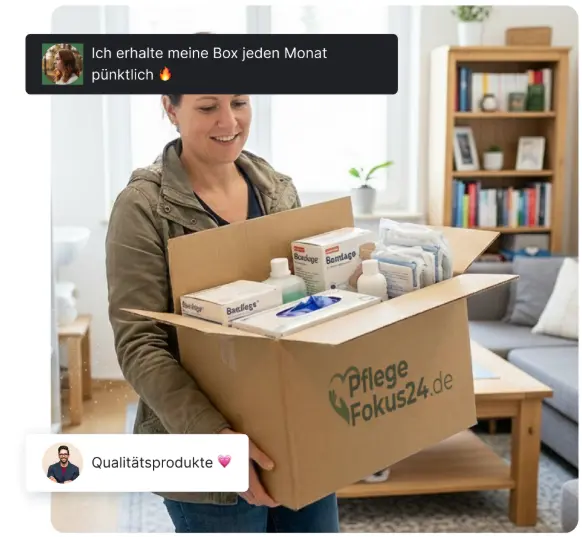 german woman carrying pflegefokus24.de parcel box